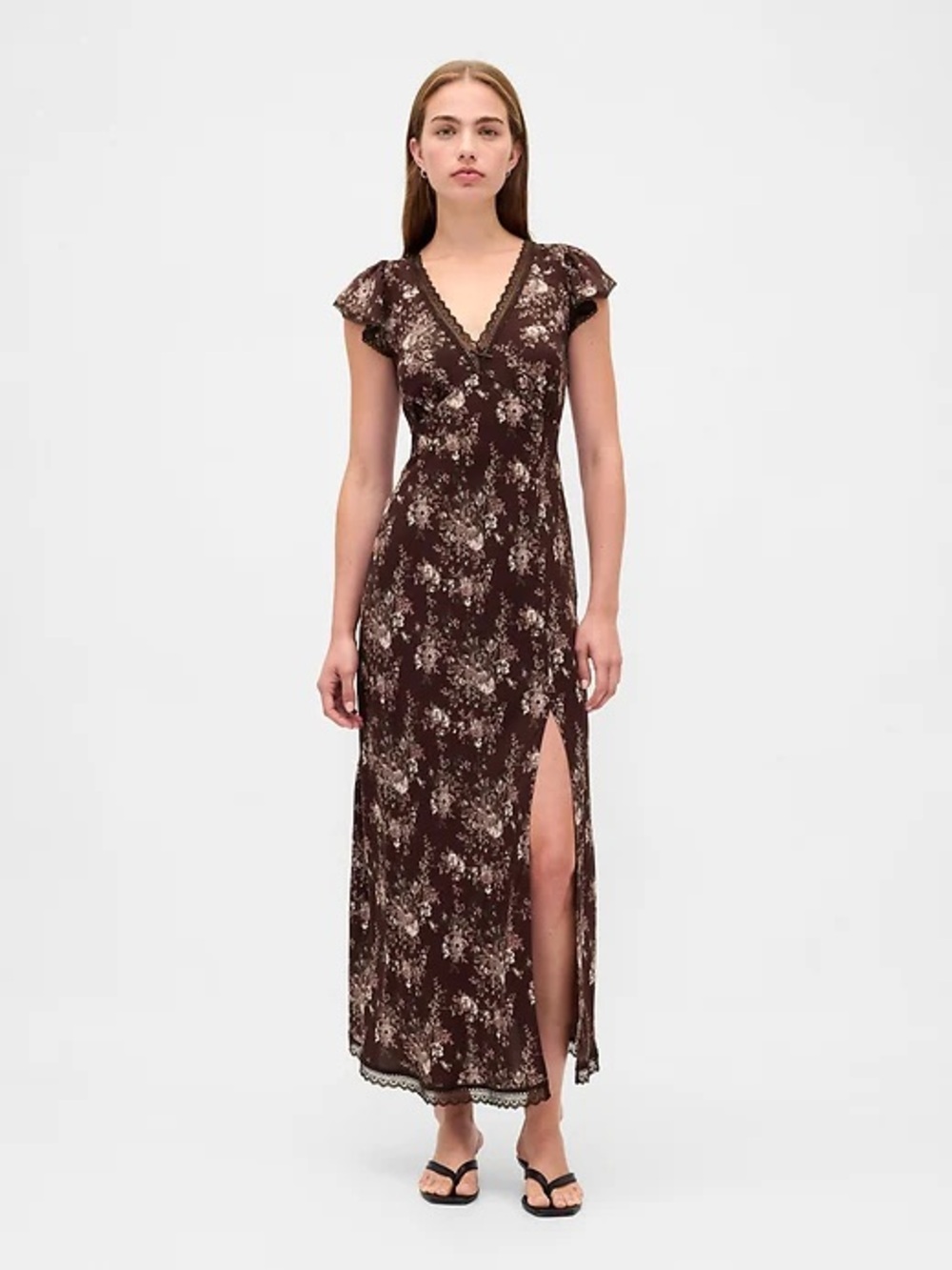 GAP Lace Trim V-Neck Crepe Maxi Dress